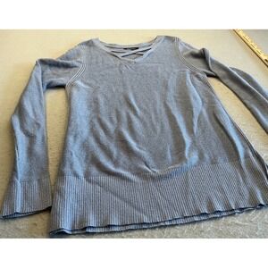 Relativity Blue Metallic Shimmer Sweater Criss Cross V-Neck‎ Size L Casual Knit